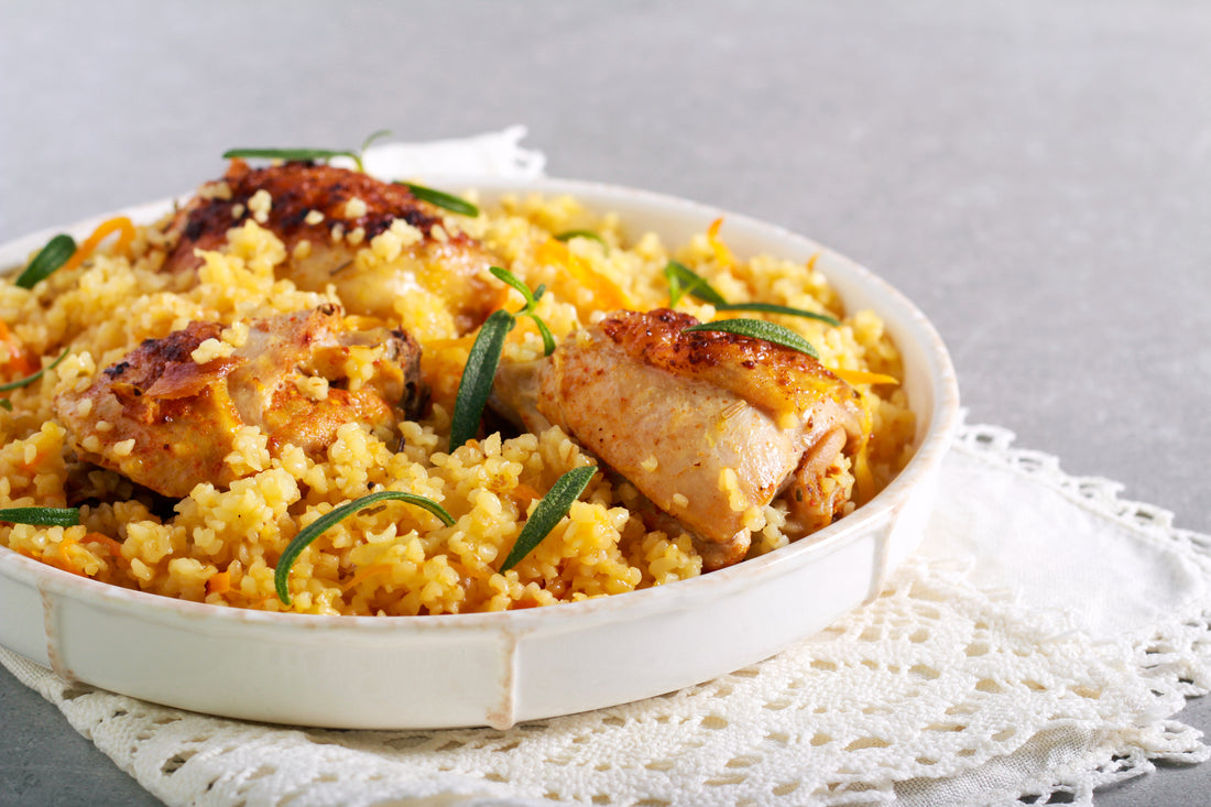 Arroz pilaf con pollo y coles de Bruselas